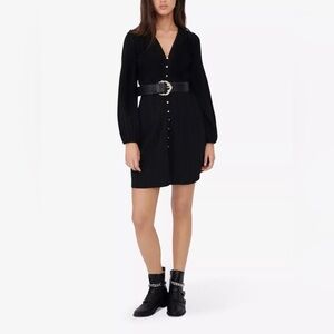 Maje Rochanie Pleated Belted Dress Black Long Sleeve A-Line Fr 38 US Medium